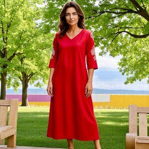 BLAIR Red Pocket Dress Midi Shift V-Neck Floral Sleeve Side Vents